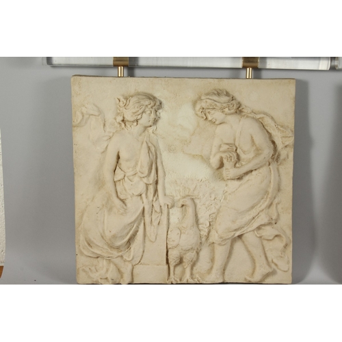 63 - A PAIR OF CLASSICAL MARBLE-TYPE PLAQUES, 17 in. x 17 in.