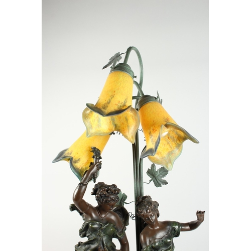 64 - AFTER MOREAU, A BRONZE GROUP OF TWO CLASSICAL FIGURES AND CUPID, holding aloft three lights, on a sq... 