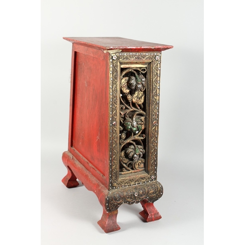 65 - A CHINESE LACQUERED CABINET with mosaic inlaid doors and pierced decoration, 2 ft. 2in. high.