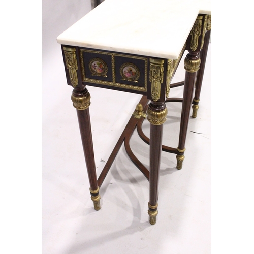 66 - A GOOD PAIR OF LOUIS XVI STYLE BREAKFRONT CONSOLE TABLES with white marble tops, fitted with a centr... 