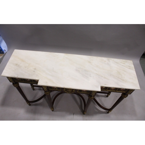 66 - A GOOD PAIR OF LOUIS XVI STYLE BREAKFRONT CONSOLE TABLES with white marble tops, fitted with a centr... 