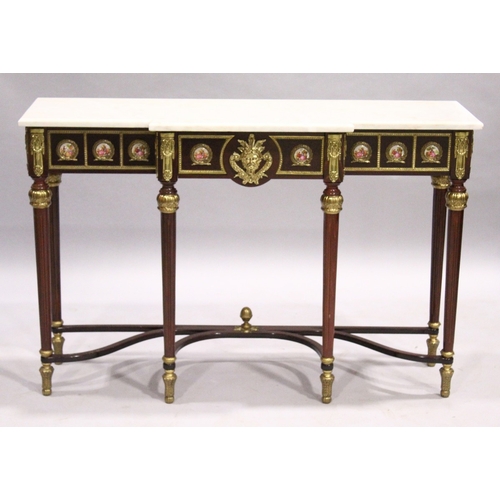 66 - A GOOD PAIR OF LOUIS XVI STYLE BREAKFRONT CONSOLE TABLES with white marble tops, fitted with a centr... 