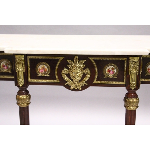 66 - A GOOD PAIR OF LOUIS XVI STYLE BREAKFRONT CONSOLE TABLES with white marble tops, fitted with a centr... 