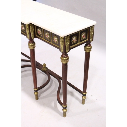 66 - A GOOD PAIR OF LOUIS XVI STYLE BREAKFRONT CONSOLE TABLES with white marble tops, fitted with a centr... 