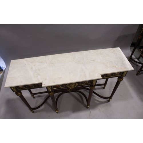 66 - A GOOD PAIR OF LOUIS XVI STYLE BREAKFRONT CONSOLE TABLES with white marble tops, fitted with a centr... 