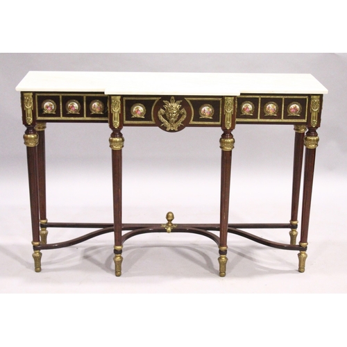 66 - A GOOD PAIR OF LOUIS XVI STYLE BREAKFRONT CONSOLE TABLES with white marble tops, fitted with a centr... 