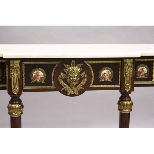 66 - A GOOD PAIR OF LOUIS XVI STYLE BREAKFRONT CONSOLE TABLES with white marble tops, fitted with a centr... 