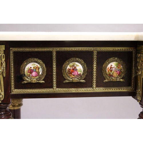 66 - A GOOD PAIR OF LOUIS XVI STYLE BREAKFRONT CONSOLE TABLES with white marble tops, fitted with a centr... 