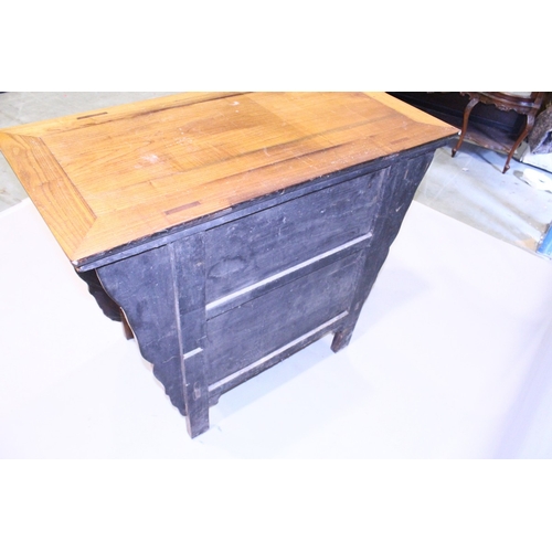 71 - A CHINESE ALTAR TABLE with plain top carved front cupboard doors and drawers, 3 ft. 7 in. long, 1 ft... 