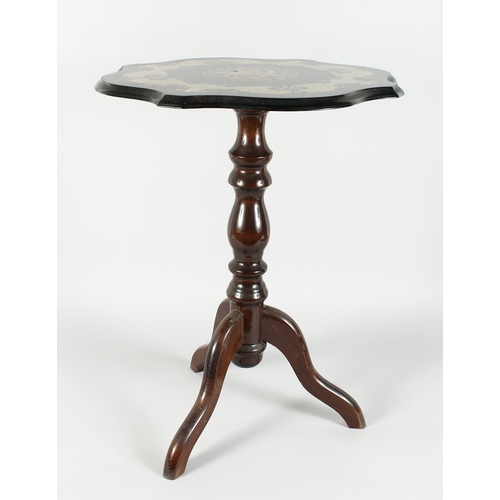 73 - A FLORAL INLAID SHAPED TOP TRIPOD TABLE (ITALIAN) on curving legs, 2 ft. high.