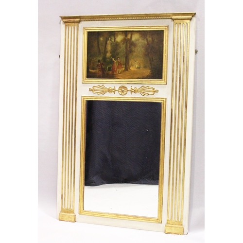 74 - A GEORGIAN DESIGN, CREAM PAINTED AND GILT UPRIGHT MIRROR with a painting of Georgian figures in a wo... 