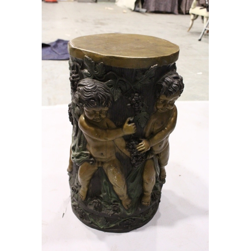 76 - A GOOD TWO COLOUR BRONZE CIRCULAR STAND with Bacchanalian cherubs, square marble top, 2 ft. 6 in. hi... 