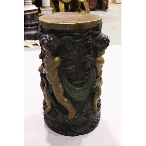 76 - A GOOD TWO COLOUR BRONZE CIRCULAR STAND with Bacchanalian cherubs, square marble top, 2 ft. 6 in. hi... 