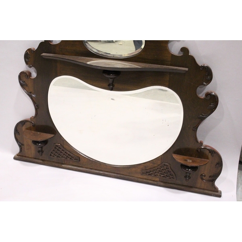 79 - A MAHOGANY SWAN NECK TOPPED MIRROR with small oval panel and kidney shaped mirror panel, 3 ft. 1 in.... 