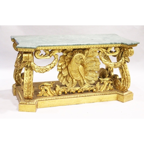 84 - A SUPERB PAIR OF EARLY GEORGIAN, WILLIALM KENT DESIGN, MARBLE TOP AND GILDED CONSOLE TABLES.  The ba... 