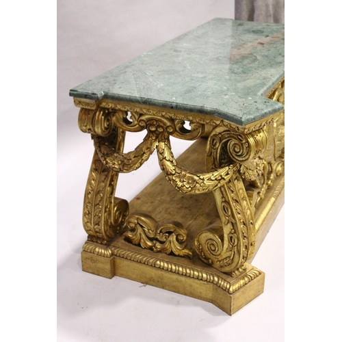 84 - A SUPERB PAIR OF EARLY GEORGIAN, WILLIALM KENT DESIGN, MARBLE TOP AND GILDED CONSOLE TABLES.  The ba... 