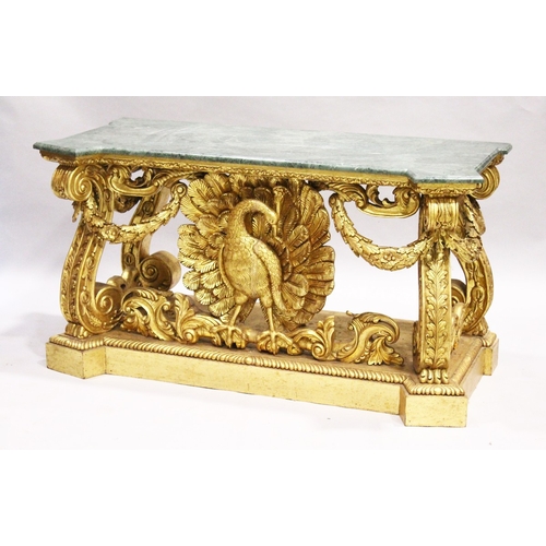 84 - A SUPERB PAIR OF EARLY GEORGIAN, WILLIALM KENT DESIGN, MARBLE TOP AND GILDED CONSOLE TABLES.  The ba... 