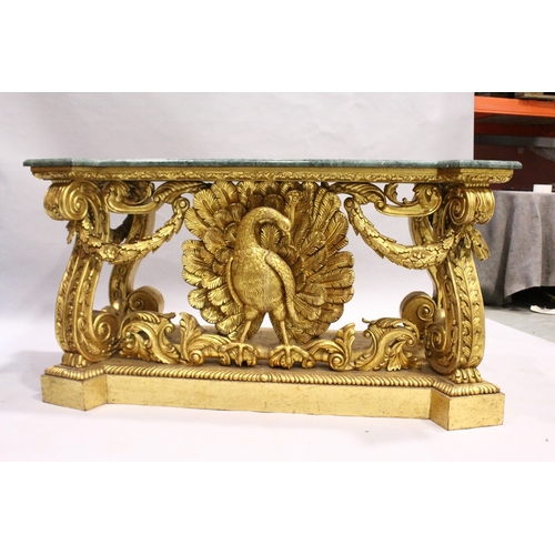 84 - A SUPERB PAIR OF EARLY GEORGIAN, WILLIALM KENT DESIGN, MARBLE TOP AND GILDED CONSOLE TABLES.  The ba... 