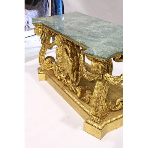 84 - A SUPERB PAIR OF EARLY GEORGIAN, WILLIALM KENT DESIGN, MARBLE TOP AND GILDED CONSOLE TABLES.  The ba... 