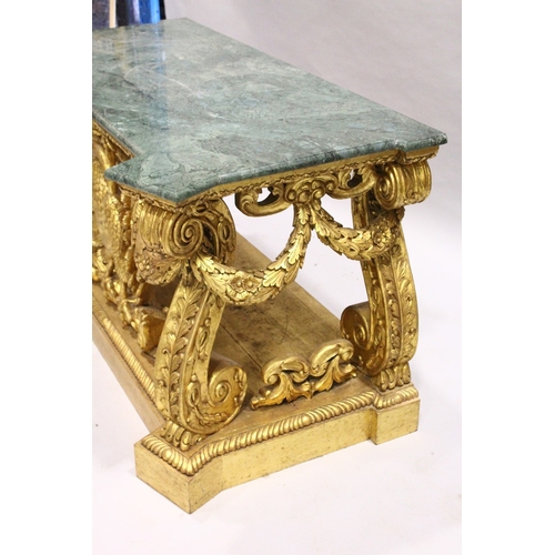 84 - A SUPERB PAIR OF EARLY GEORGIAN, WILLIALM KENT DESIGN, MARBLE TOP AND GILDED CONSOLE TABLES.  The ba... 