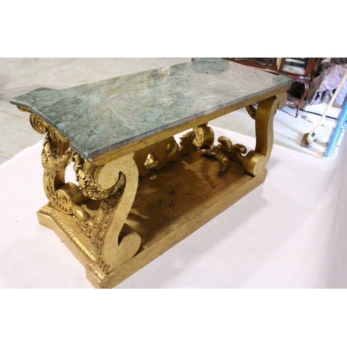 84 - A SUPERB PAIR OF EARLY GEORGIAN, WILLIALM KENT DESIGN, MARBLE TOP AND GILDED CONSOLE TABLES.  The ba... 