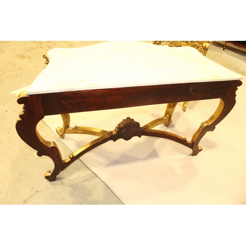 85 - A PAIR OF GILDED AND MARBLE TOP CONSOLE TABLES with white speckled marble tops, gilt bases with curv... 