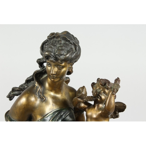 90 - AFTER MOREAU, A TWO COLOURED BRONZE OF A CLASSICAL GIRL with winged cherub on a circular marble base... 