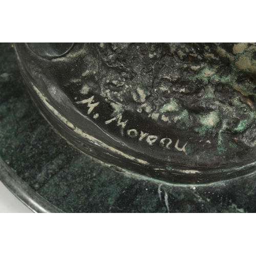 90 - AFTER MOREAU, A TWO COLOURED BRONZE OF A CLASSICAL GIRL with winged cherub on a circular marble base... 