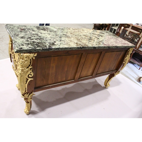 91 - AN ENORMOUS LOUIS XVITH STYLE MARBLE TOPPED COMMODE with shaped grey marble top.  The front smothere... 