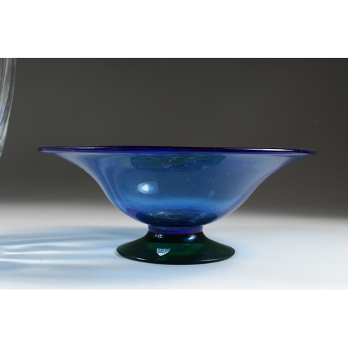 100 - A PLAIN GLASS VASE  13 ins. high and A BLUE GLASS DISH 11 ins. diameter.