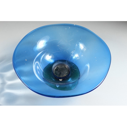 100 - A PLAIN GLASS VASE  13 ins. high and A BLUE GLASS DISH 11 ins. diameter.