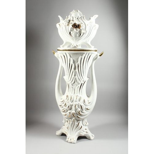 107 - A LARGE POTTERY WHITE GILDED JARDINIERE AND STAND with gilt flowers, 3 ft 8 ins high.