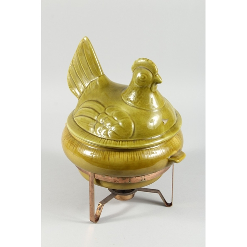 108 - A POTTERY HEN TUREEN AND COVER on a metal stand, 13 ins high.