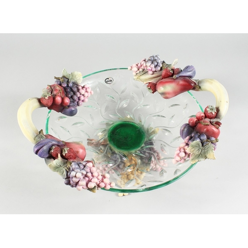 111 - AN ITALIAN  AND EVIK GLASS AND POTTERY FRUIT AND VINE DISH, 16 ins diameter.