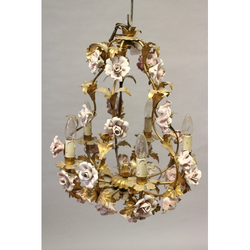 130 - AN ITALIAN ORMULU FIVE LIGHT CHANDELIER WITH PORCELAIN ROSES, 1 ft, 7 ins wide, 1 ft. 10 ins high.... 