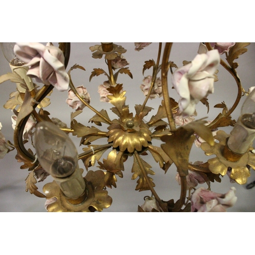 130 - AN ITALIAN ORMULU FIVE LIGHT CHANDELIER WITH PORCELAIN ROSES, 1 ft, 7 ins wide, 1 ft. 10 ins high.... 