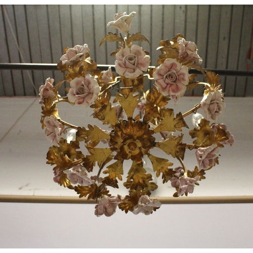 130 - AN ITALIAN ORMULU FIVE LIGHT CHANDELIER WITH PORCELAIN ROSES, 1 ft, 7 ins wide, 1 ft. 10 ins high.... 