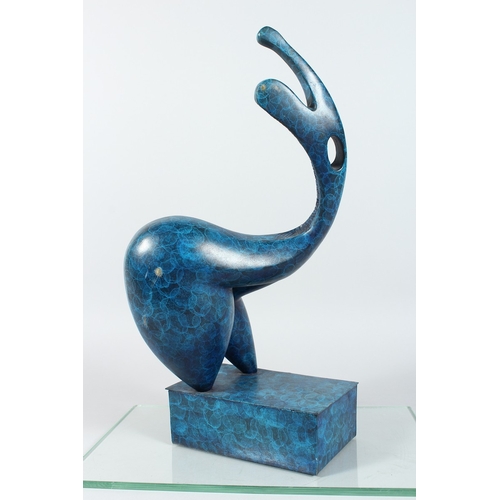 136 - A BRONZE BLUE ABSTRACT MODEL on a rectangular base. 19 ins high.