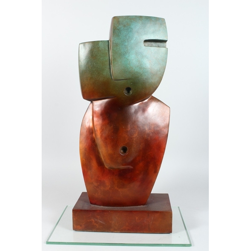 138 - A GOOD ABSTRACT BRONZE MALE FIGURE on a rectangular base. 24 ins high.