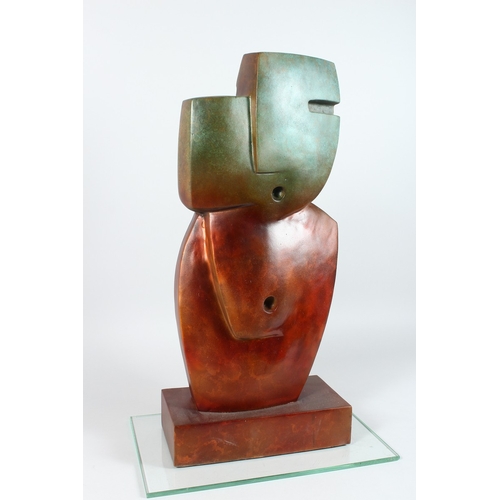 138 - A GOOD ABSTRACT BRONZE MALE FIGURE on a rectangular base. 24 ins high.