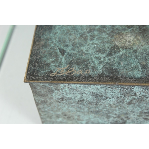 140 - A LARGE ABSTRACT SPECKLED BRONZE ENTWINED FIGURE on a rectangular  base, 20ins. high.