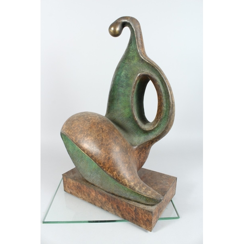 141 - A LARGE ABSTRACT SPECKLED BRONZE FIGURE on a rectangular shell. 20 ins high.