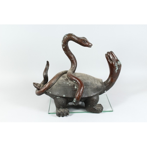 142 - A BRONZE TURTLE being attacked by a  snake 18 ins high.