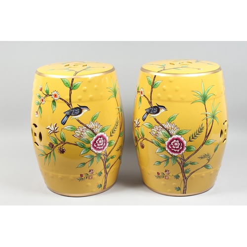 153 - A PAIR OF CHINESE YELLOW BARREL SEATS with birch and flowers 17 ins high