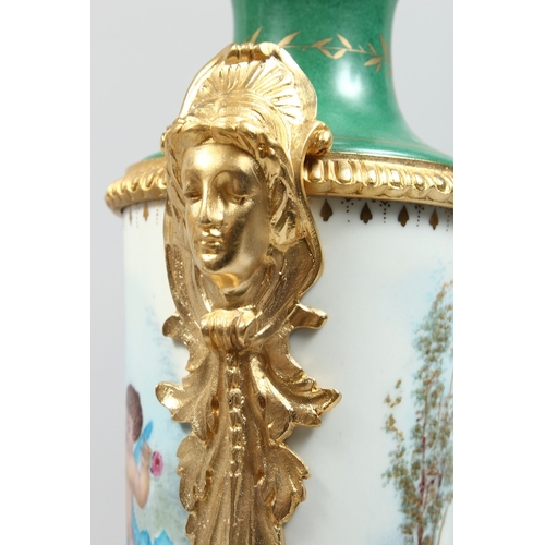 155 - A GOOD PAIR OF SEVRES DESIGN TWO HANDLED VASE AND COVER painted with cupids, 27 ins high.