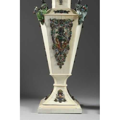 157 - A SUPERB PAIR OF VIENNA IVORY TAPERING VASES AND COVERS, mounted silver and enamel plaques set with ... 