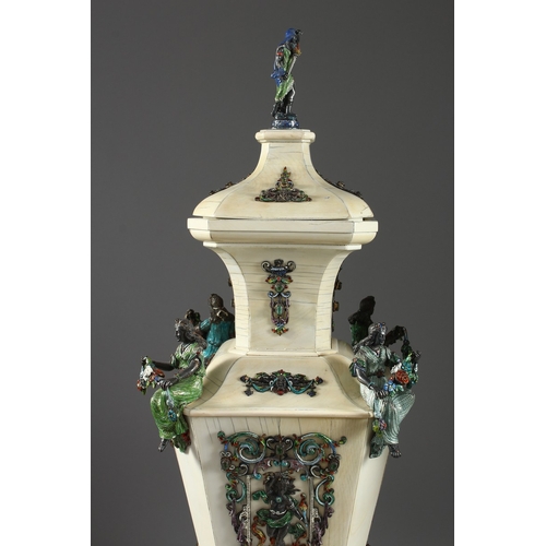 157 - A SUPERB PAIR OF VIENNA IVORY TAPERING VASES AND COVERS, mounted silver and enamel plaques set with ... 