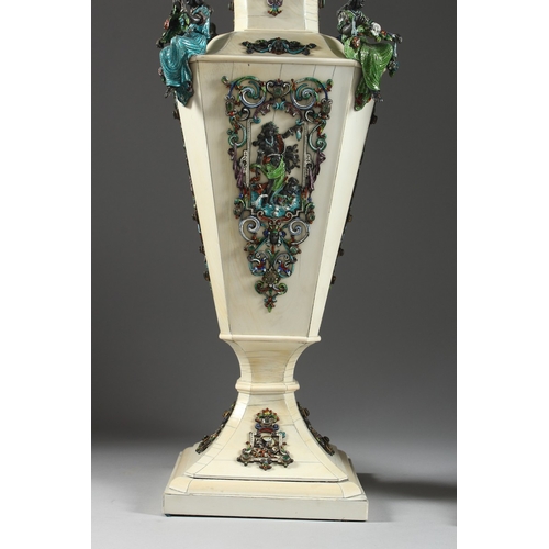 157 - A SUPERB PAIR OF VIENNA IVORY TAPERING VASES AND COVERS, mounted silver and enamel plaques set with ... 