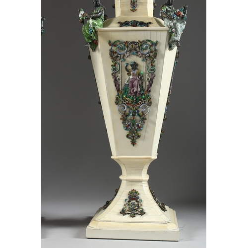 157 - A SUPERB PAIR OF VIENNA IVORY TAPERING VASES AND COVERS, mounted silver and enamel plaques set with ... 