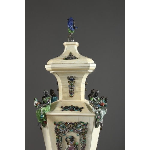 157 - A SUPERB PAIR OF VIENNA IVORY TAPERING VASES AND COVERS, mounted silver and enamel plaques set with ... 